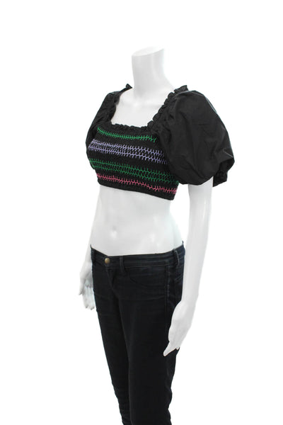 Banjanan Womens Cotton Striped Ruched Short Sleeve Cropped Top Black Size S
