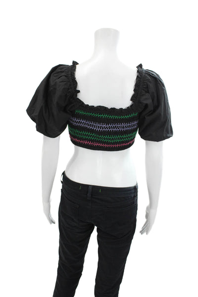 Banjanan Womens Cotton Striped Ruched Short Sleeve Cropped Top Black Size S