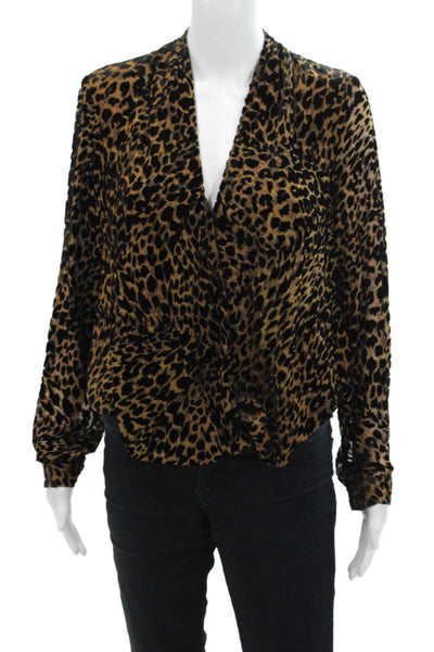 L'Agence Womens Animal Print Draped Long Sleeve Blouse Top Brown Size S