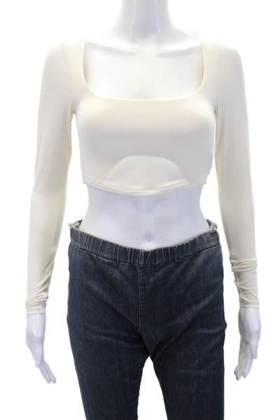 PE Nation Womens Textured Long Sleeve Scoop Neck Fit Crop Top Cream Size XS