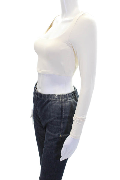 PE Nation Womens Textured Long Sleeve Scoop Neck Fit Crop Top Cream Size XS