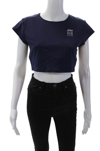 PE Nation Womens Activewear Cap Sleeve Round Neck Cropped T-Shirt Blue Size L