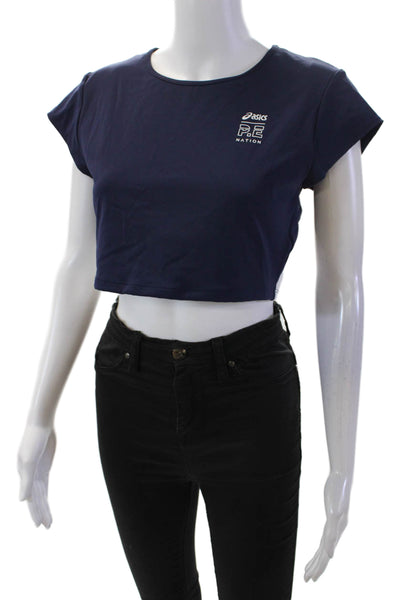 PE Nation Womens Activewear Cap Sleeve Round Neck Cropped T-Shirt Blue Size L