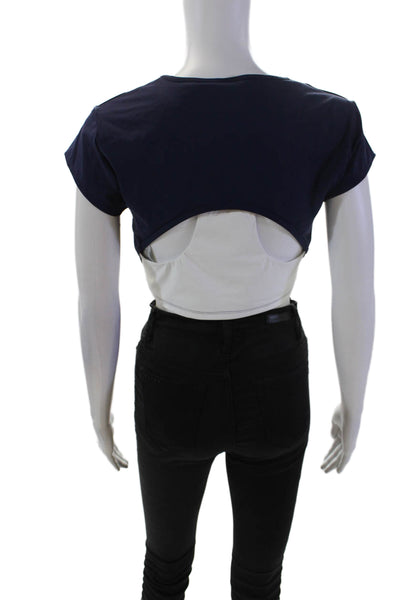 PE Nation Womens Activewear Cap Sleeve Round Neck Cropped T-Shirt Blue Size L