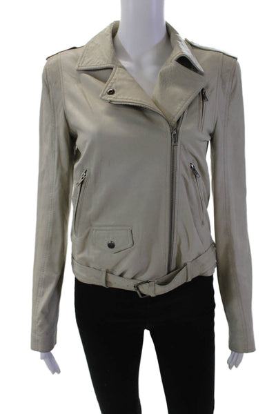 Theory Womens Lamb Leather Zipped Cotton Lined Biker Jacket Beige Size S