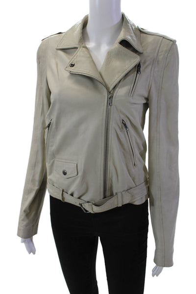 Theory Womens Lamb Leather Zipped Cotton Lined Biker Jacket Beige Size S