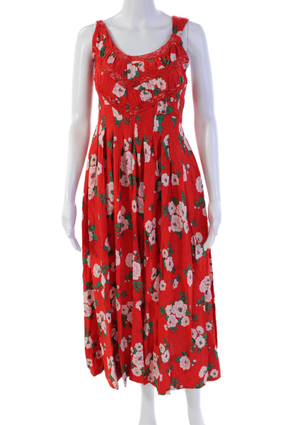 Free People Womens Floral Printed Double Pocket Pleated Midi Dress Red Size XS