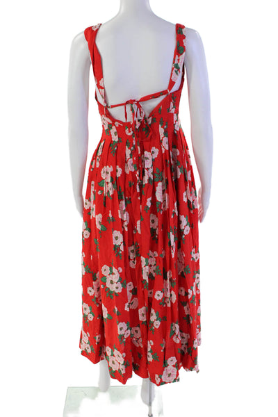 Free People Womens Floral Printed Double Pocket Pleated Midi Dress Red Size XS