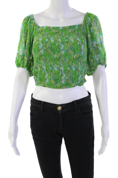 Free People Womens Floral Printed Puff Sleeve Crop Top Blouse Green Size XS