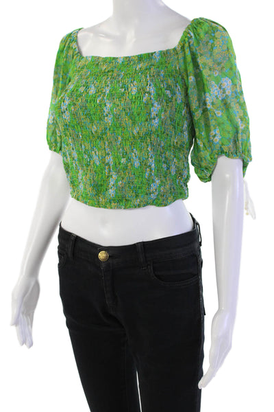 Free People Womens Floral Printed Puff Sleeve Crop Top Blouse Green Size XS