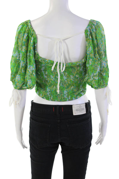 Free People Womens Floral Printed Puff Sleeve Crop Top Blouse Green Size XS