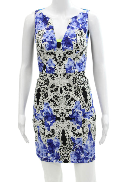 Elie Tahari Womens Cotton Lace Print V-Neck Sleeveless Pencil Dress Blue Size 0