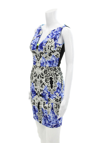 Elie Tahari Womens Cotton Lace Print V-Neck Sleeveless Pencil Dress Blue Size 0