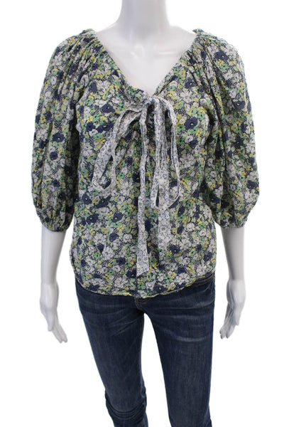 La Vie Rebecca Taylor Womens Cotton Floral Off The Shoulder Blouse Green Size S