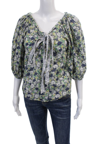 La Vie Rebecca Taylor Womens Cotton Floral Off The Shoulder Blouse Green Size S
