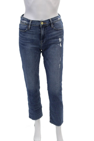 Frame Womens Distress Medium Wash High Rise Straight Jeans Blue Size 26