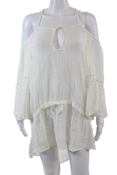 Sunday Womens Short Sleeve Keyhole Open Knit Cover Up Dress White Size Small
