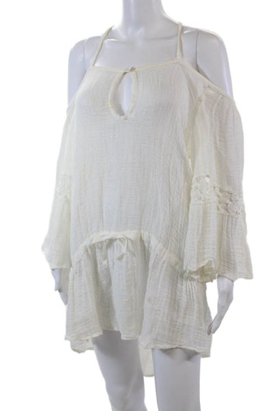 Sunday Womens Short Sleeve Keyhole Open Knit Cover Up Dress White Size Small