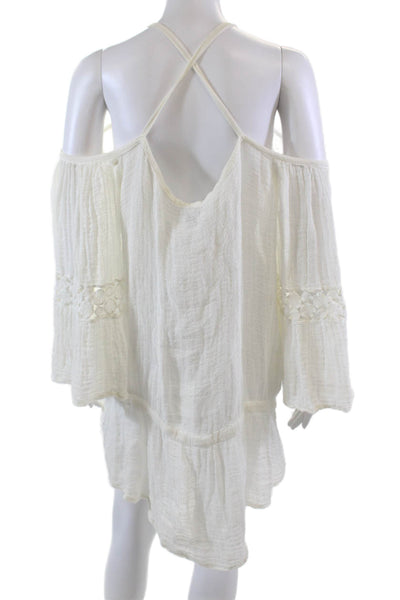 Sunday Womens Short Sleeve Keyhole Open Knit Cover Up Dress White Size Small