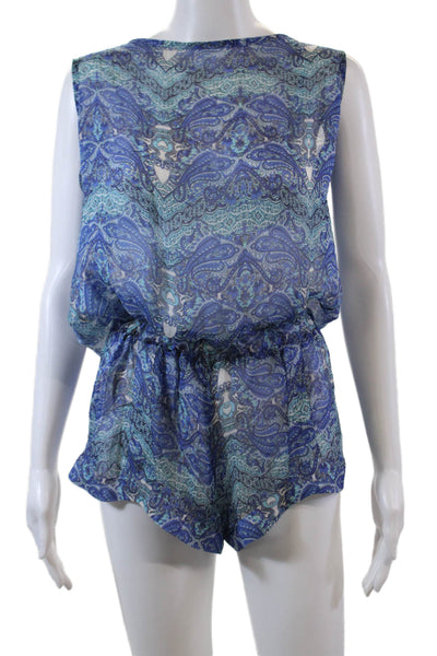 Sinesia Karol Womens Open Back Scoop Neck Paisley Silk Romper Blue White Small