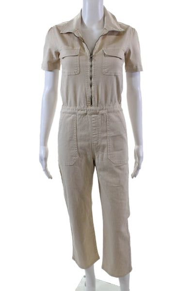 Its In My Jeans Womens Front Zip Short Sleeve Straight Leg Jumpsuit Beige Small