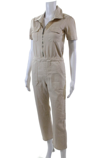 Its In My Jeans Womens Front Zip Short Sleeve Straight Leg Jumpsuit Beige Small