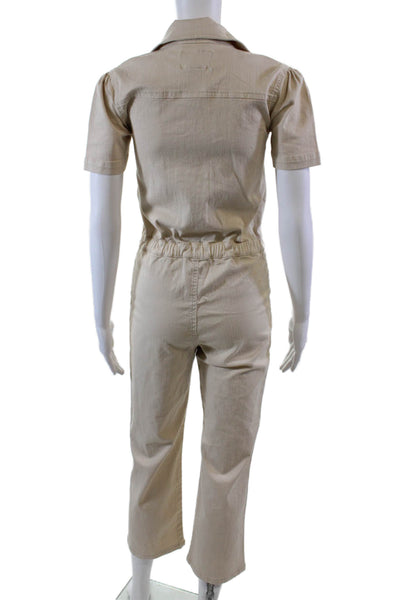 Its In My Jeans Womens Front Zip Short Sleeve Straight Leg Jumpsuit Beige Small