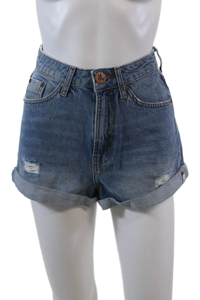 One by One Teaspoon Womens Zipper Fly Distressed Cuffed Shorts Blue Denim 23