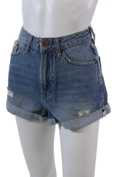 One by One Teaspoon Womens Zipper Fly Distressed Cuffed Shorts Blue Denim 23