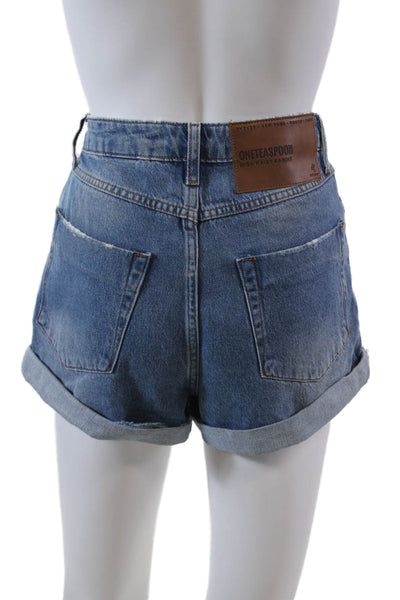One by One Teaspoon Womens Zipper Fly Distressed Cuffed Shorts Blue Denim 23