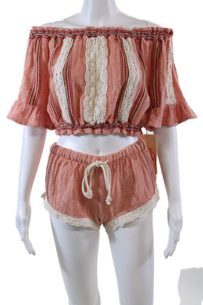 Beach Freedom Womens Off Shoulder Knit Top Short Shorts Set Orange White 1 XS