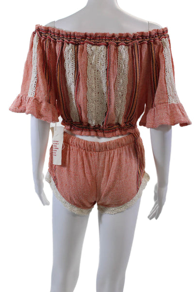 Beach Freedom Womens Off Shoulder Knit Top Short Shorts Set Orange White 1 XS