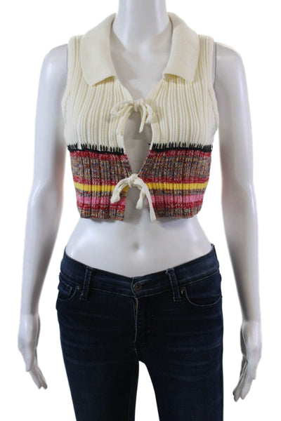 Les Coyotes De Paris Womens Sleeveless Collared Knit Top White Red Size 2XS