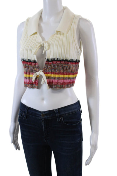 Les Coyotes De Paris Womens Sleeveless Collared Knit Top White Red Size 2XS