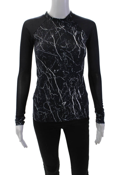 Varley Womens Marble Print Sheer Sleeve Detail High Neck Top Blue Size XS