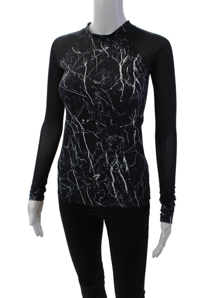 Varley Womens Marble Print Sheer Sleeve Detail High Neck Top Blue Size XS
