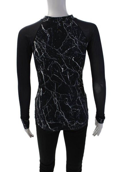 Varley Womens Marble Print Sheer Sleeve Detail High Neck Top Blue Size XS