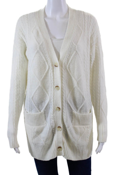 Minnie Rose Womens Cable Knit Cardigan Sweater White Wool Size Extra Small