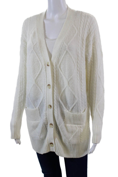 Minnie Rose Womens Cable Knit Cardigan Sweater White Wool Size Extra Small