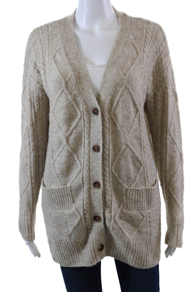 Minnie Rose Womens Cable Knit Cardigan Sweater Beige Wool Size Extra Small