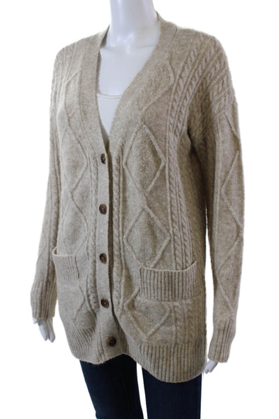 Minnie Rose Womens Cable Knit Cardigan Sweater Beige Wool Size Extra Small