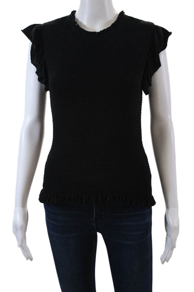 Goldie Womens Short Ruffled Sleeves Smocked Blouse Black Cotton Size Small