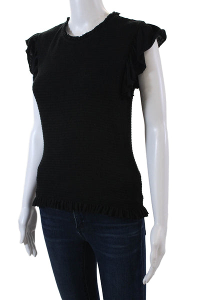 Goldie Womens Short Ruffled Sleeves Smocked Blouse Black Cotton Size Small