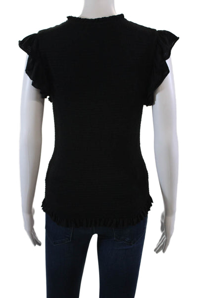 Goldie Womens Short Ruffled Sleeves Smocked Blouse Black Cotton Size Small