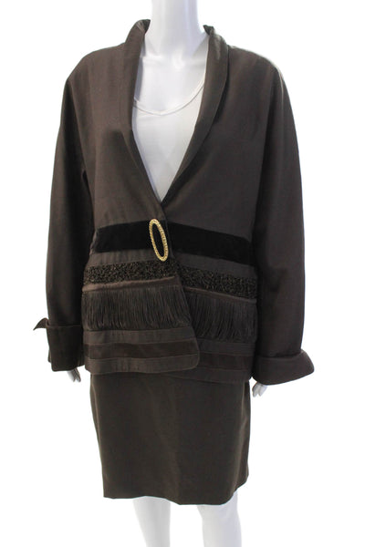 Lina Lee Womens Wool Blend High Neck Snap Closure Skirt Suit Brown Size 48