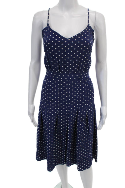 J Crew Womens Polka Dot Printed Pleated Zipped A-Line Dress Navy Blue Size 4