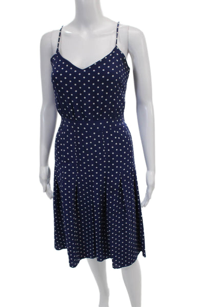 J Crew Womens Polka Dot Printed Pleated Zipped A-Line Dress Navy Blue Size 4