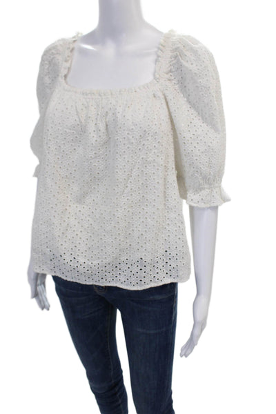 Pomander Place Womens Eyelet Square Neck Short Sleeve Blouse White Size S