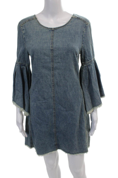 We The Free Womens Denim Pleated Bell Sleeve Raw Hem Mini Dress Blue Size 2