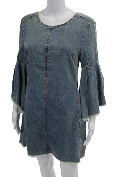 We The Free Womens Denim Pleated Bell Sleeve Raw Hem Mini Dress Blue Size 2